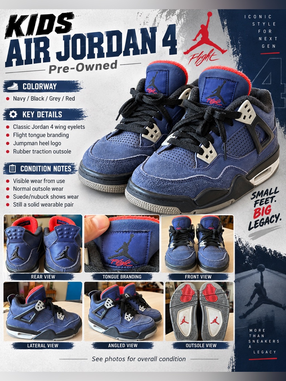 Kids Air Jordan 4 Retro Blue Gray Red Sneakers Size [4]